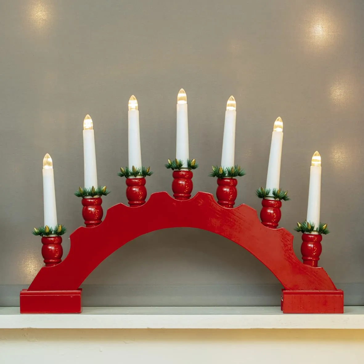 The Christmas Workshop 71179 Red Arched Wooden Bridge with Candle Holders / 7 Warm White LEDs/Indoor Christmas Decoration / 45cm x 31.5cm x 5cm / Battery Powered