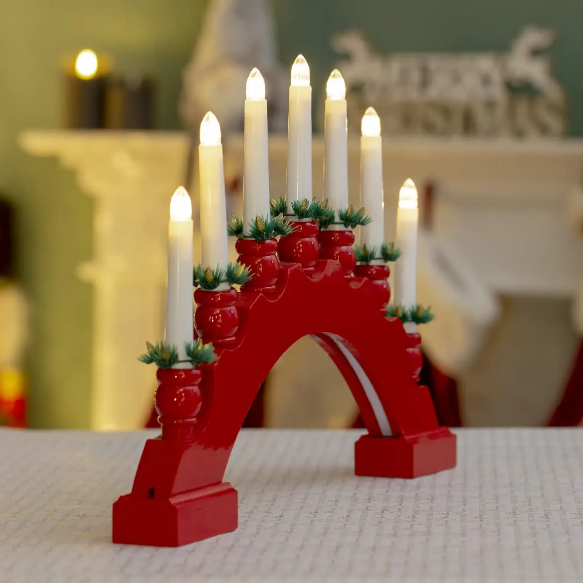 The Christmas Workshop 71179 Red Arched Wooden Bridge with Candle Holders / 7 Warm White LEDs/Indoor Christmas Decoration / 45cm x 31.5cm x 5cm / Battery Powered