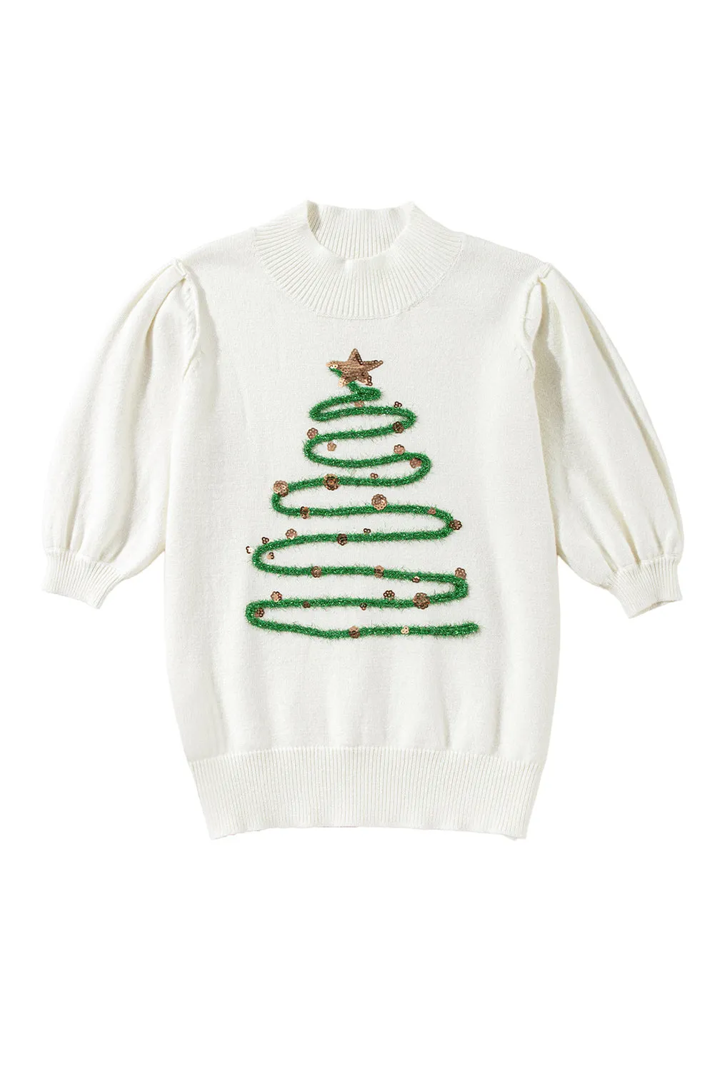 White Tinsel Christmas Tree Puff Short Sleeve Sweater